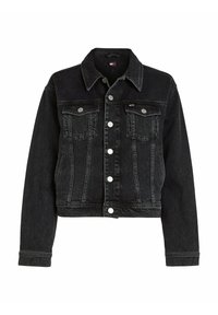 Veste en denim noir avec des boutons argentés, deux poches poitrine avec des rabats à boutons et un col classique, présentée à plat sur un fond blanc.