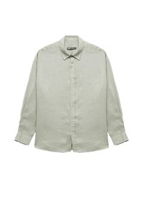 Camisa de botones de manga larga en una mezcla de lino de color verde claro. Cuenta con un cuello clásico, una botonera frontal y mangas con puños.