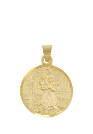 Goldmedaillon mit Relief eines Mannes, der ein Kind auf der Schulter über Wasser trägt, einen Stab hält mit einem strahlenden Heiligenschein hinter dem Kind.