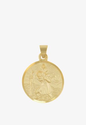 Médaille en or avec un relief représentant un homme portant un enfant sur son épaule à travers l'eau, tenant un bâton avec un halo rayonnant derrière l'enfant.