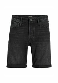 Zwarte denim shorts met opgerolde boorden, vijf-vakken ontwerp en metalen knoopsluiting. Gladde textuur en subtiele vervagingdetails.