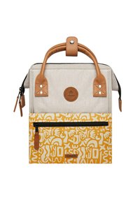 Gray fabric bag with a yellow patterned front pocket, brown leather accents, dual top handles, and a zippered closure.