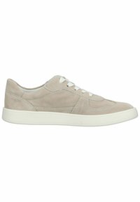 Beige Wildlederschuhe mit weißen Schnürsenkeln, abgerundeter Zehenpartie und Gummisohle. Verfügt über genähte Details und eine glatte Textur.
