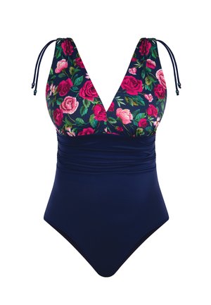 Granatowy jednoczęściowy strój kąpielowy z marszczonym pasem, kwiecistym topem w różowe i czerwone róże oraz regulowanymi wiązaniami na ramionach.