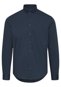 Marineblauwe blouse met lange mouwen, knoopsluiting aan de voorkant, klassieke kraag en ronde zoom. Gemaakt van een gladde stof met een effen kleurpatroon.