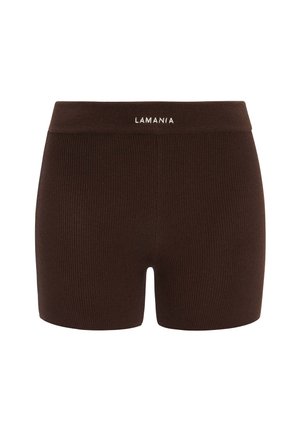Barna bordás rövidnadrág széles derékkal, amelyen fehér betűkkel szerepel a "LAMANIA" felirat. Az anyag puha tapintású és feszes illeszkedésű.
