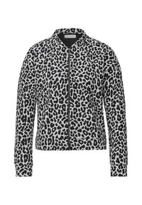 Veste zippée à imprimé léopard en gris et noir, avec un design sans col, des manches longues et des poignets côtelés. Texture douce sur toute la surface.