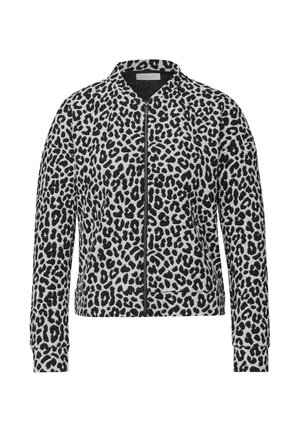 Veste zippée à imprimé léopard en gris et noir, avec un design sans col, des manches longues et des poignets côtelés. Texture douce sur toute la surface.