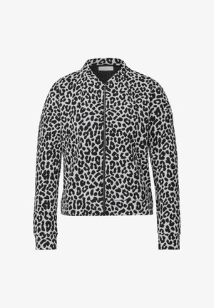 Veste zippée à imprimé léopard en gris et noir, avec un design sans col, des manches longues et des poignets côtelés. Texture douce sur toute la surface.