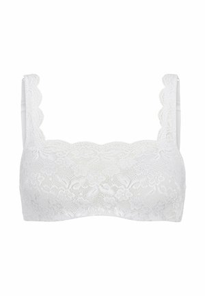 Vit spets-bh med scallopade kanter, breda remmar, blommönster och en slät underdel. Mjuk material, sömlös design för komfort.