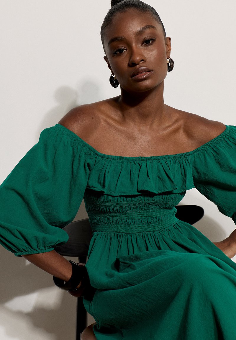 green dress on dark skin Apricot RUFFLE MILKMAID MIDI - Day dress Color:Chartreuse/Purple Floral Shunting Satin Front Laced Dream Dress Pastel