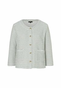 Gestreifte Jacke mit Dreiviertelärmel, rundem Ausschnitt, goldenen Knöpfen und zwei Fronttaschen. Der Stoff weist abwechselnd weiße und dunkelgrüne Streifen auf.