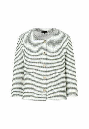 Gestreifte Jacke mit Dreiviertelärmel, rundem Ausschnitt, goldenen Knöpfen und zwei Fronttaschen. Der Stoff weist abwechselnd weiße und dunkelgrüne Streifen auf.