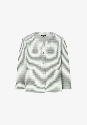Striped jacket with three-quarter sleeves, round neckline, gold buttons, and two front pockets. Fabric features alternating white and dark green stripes.