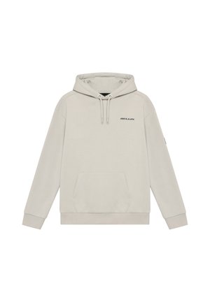 Ljusbeige pullover-hoodie med framficka, justerbar dragsko i huvan och liten logga på bröstet.