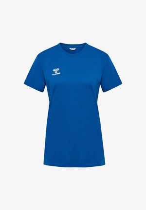 Blaues Baumwoll-T-Shirt mit kurzen Ärmeln, Rundhalsausschnitt und weißem Logo auf der linken Brustseite. Glatte Textur, Regular-Fit-Schnitt.