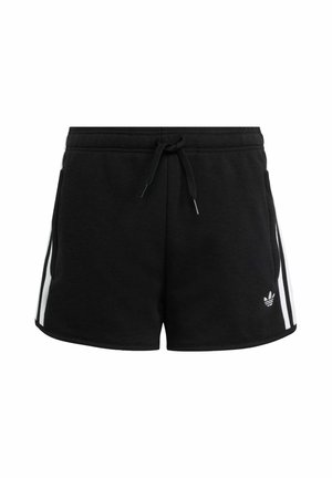 Shorts sportivi neri con strisce verticali bianche ai lati, vita elastica con coulisse e piccolo logo sulla parte bassa della gamba sinistra.