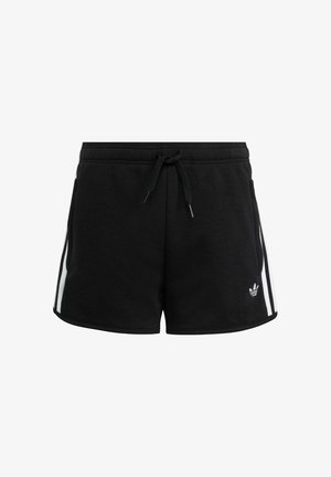 Shorts de sport noirs avec des rayures verticales blanches sur les côtés, taille élastique avec cordon de serrage, et petit logo sur la partie inférieure de la jambe gauche.