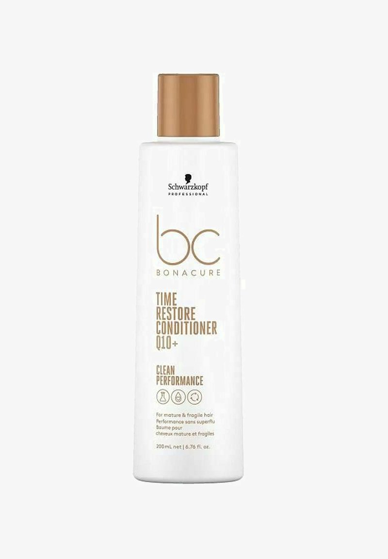 White plastic bottle with a gold cap. Label features black and gold text reading "bc BONACURE TIME RESTORE CONDITIONER Q10+." 200 mL capacity.