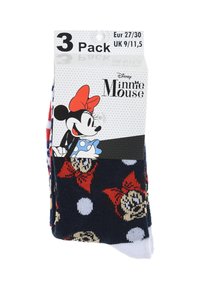 Pack de tres pares de calcetines con fondo azul marino, lunares blancos y diseños de Minnie Mouse con lazos rojos y detalles en rojo.