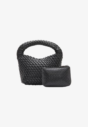 Black woven leather handbag with a rounded handle and a matching small zipped pouch, featuring a textured surface and a compact design.