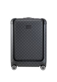 Schwarz gemusterter Hartschalenkoffer mit strukturierter Oberfläche, ausgestattet mit einem oberen Griff, Reißverschlussverschluss und vier Rädern für Mobilität.