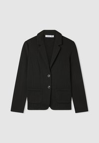 Blazer nero realizzato in tessuto morbido, caratterizzato da un colletto a punta, due tasche frontali, chiusura a bottoni e cuciture verticali per dare forma.