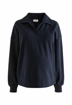 Marineblaues Pullover mit breitem Kragen, langen Ärmeln und gerippten Bündchen. Hergestellt aus weichem Stoff, hat er eine lässige Passform und ein minimalistisches Design.