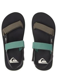 Svarte flip-flops med grønne og grå stropper, med polstrede bånd for komfort. Forsterket hæl og preget logo på sålen.