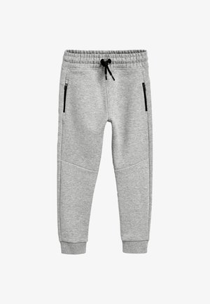 Grå sweatpants lavet af blødt stof med elastisk talje og justerbar snor. Har to sorte lynlåslommer på siderne.