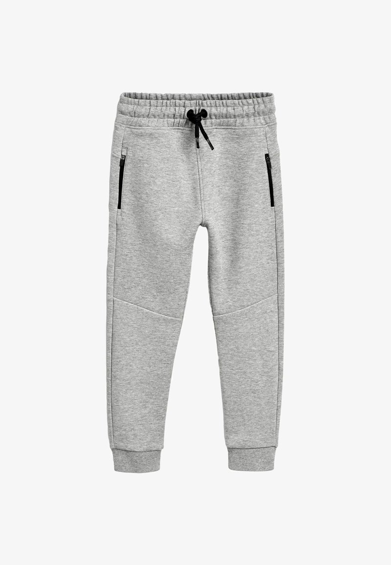 Šedé tepláky z měkké tkaniny s elastickým pasem a nastavitelným šňůrkovým stahováním. Obsahují dvě černé boční kapsy na zip.