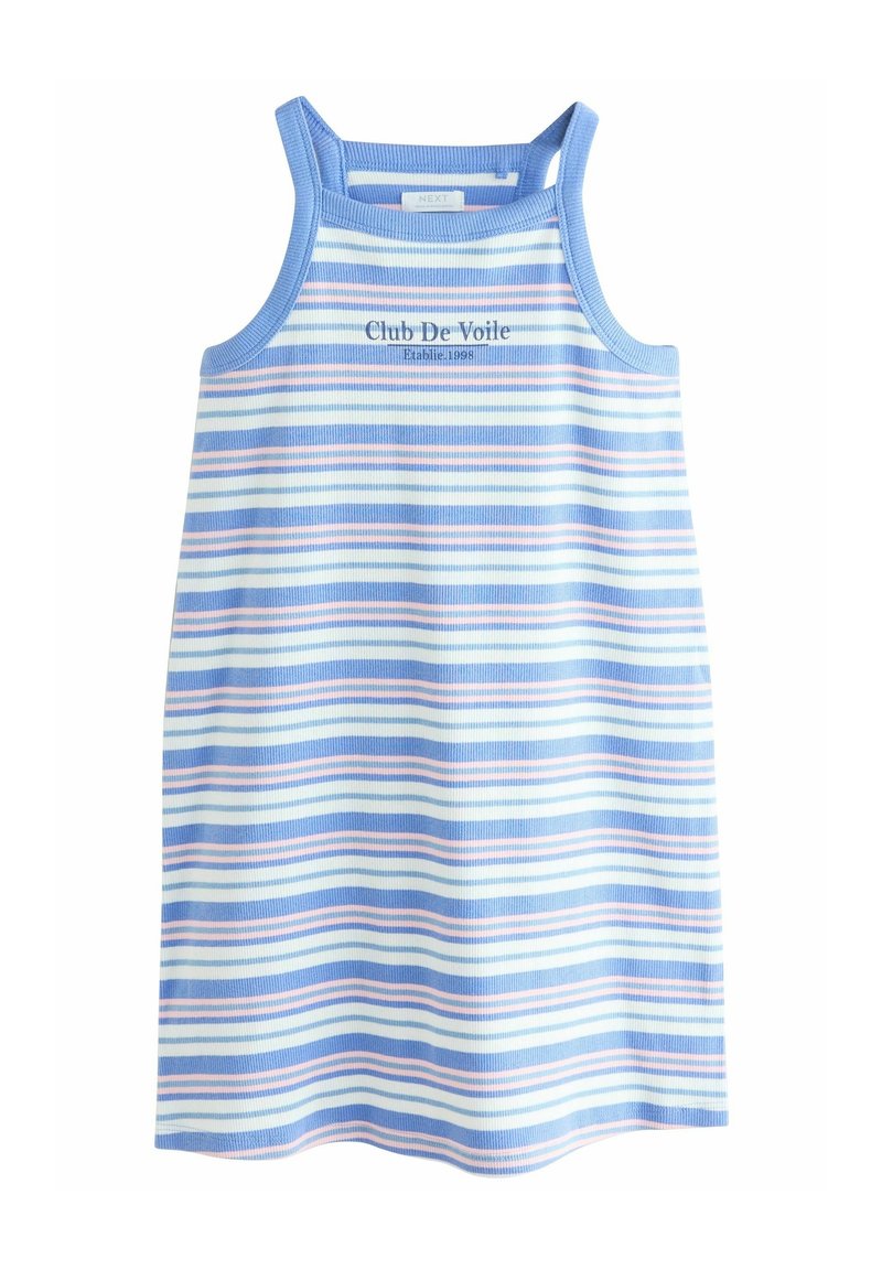 Robe sans manches rayée en bleu, blanc et rose. Caractérisée par une texture côtelée et un col rond avec des bretelles renforcées et le logo "Club De Voile".