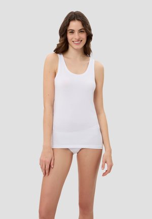 White cotton tank top with wide straps, a scoop neckline, and a seamless design. Smooth texture, fitted shape, simple and basic style.
