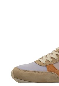 Beige suede and mesh sneaker with orange accents. Features a rounded toe, cream laces, and textured rubber sole.