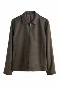 Braune Zip-Jacke mit strukturiertem Karomuster, ausgestattet mit einem klassischen Kragen, zwei seitlichen Taschen und geradem Schnitt. Vorderer Reißverschluss.