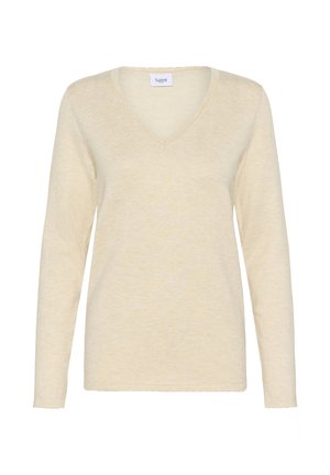 Langarm-V-Ausschnitt-Pullover aus weichem, hellgelbem Strickmaterial mit gewelltem Saum. Etikett am Halsausschnitt sichtbar.