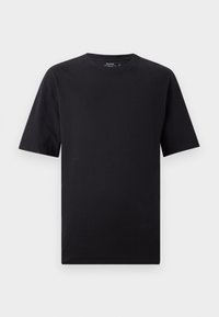 Tricou negru simplu, cu mânecă scurtă și guler rotund, mărimea medie, expus pe un fundal alb.