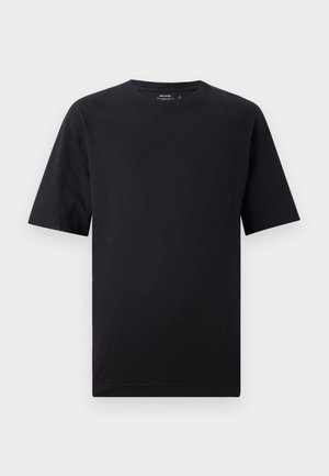 Schwarzes T-Shirt mit kurzen Ärmeln und Rundhalsausschnitt, Größe M, auf einem weißen Hintergrund präsentiert.