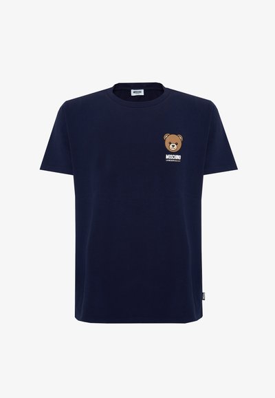 Navy blue short-sleeve t-shirt with a small teddy bear graphic and "Moschino Underbear" text on the upper left chest.