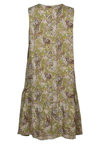 Vestido sin mangas con estampado de cachemira verde, con una falda de volantes y un escote redondeado. La tela tiene una textura suave.