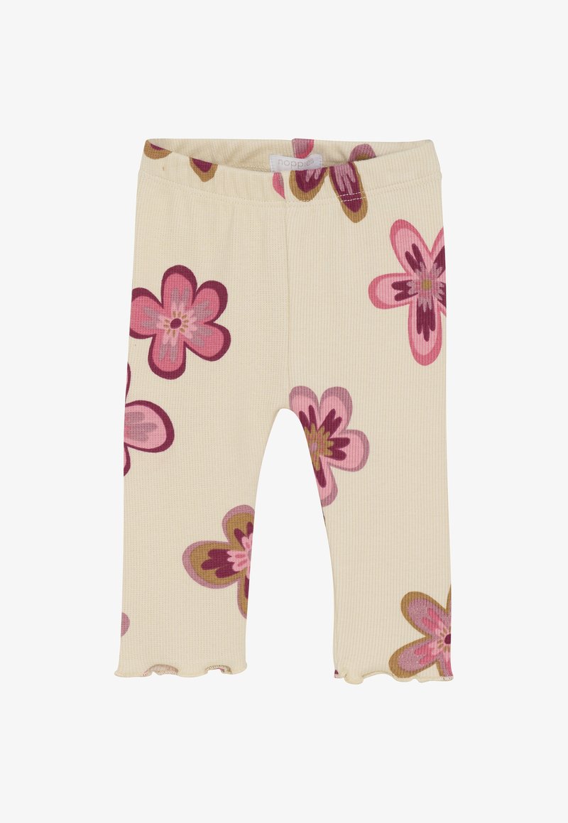 Leggings pour bébé en crème côtelées avec des imprimés floraux roses, violets et bruns et un ourlet festonné.