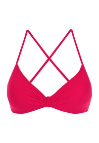 Jasnoróżowy biustonosz bikini z wykręconym przodem, skrzyżowanymi ramiączkami z tyłu oraz gładką, elastyczną teksturą materiału.