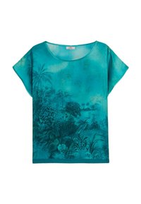 Blusa turchese a maniche corte con una stampa di paesaggi naturali che raffigura palme e vegetazione. Materiale leggero con vestibilità rilassata.
