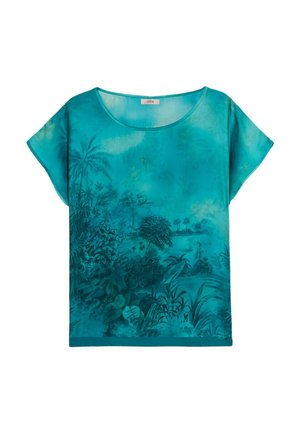 Turquoise short-sleeve blouse featuring a scenic nature print with palm trees and foliage. Lightweight material with a relaxed fit.