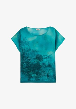 Turquoise blouse met korte mouwen, voorzien van een schilderachtige natuurprint met palmbomen en loof. Lichtgewicht materiaal met een relaxte pasvorm.