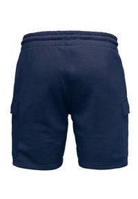 Navy blue cargo shorts with elastic waistband, side pockets, and a soft cotton blend material. Smooth texture and fitted design.