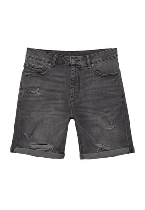 Scurte din denim gri cu manșete răsucite, prezentând detalii uzate în față și pe buzunarele laterale. Design clasic cu cinci buzunare.
