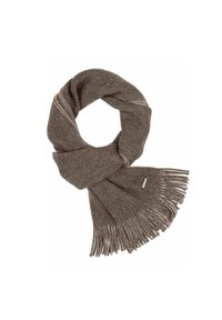 Sciarpa lavorata a maglia marrone con dettagli a frange. Presenta un design a coste testurizzato e una lucentezza sottile, con un piccolo etichetta di marca.