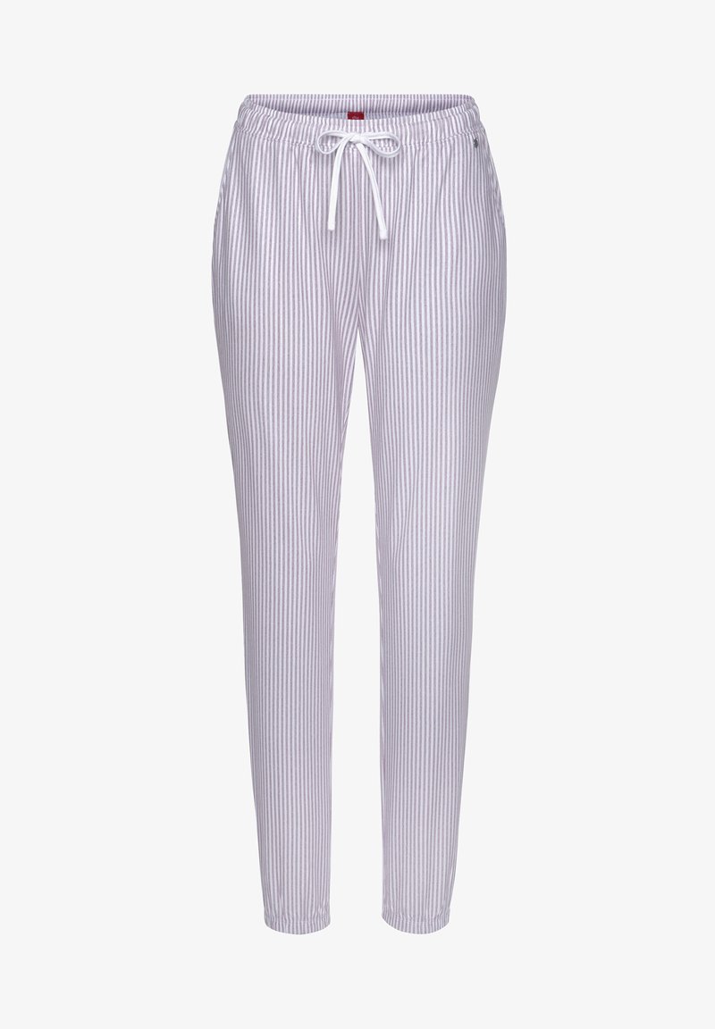 Pantalons de lounge rayés, violet clair et blanc, avec une taille élastique et un cordon de serrage, présentant une coupe fuselée et une texture lisse.