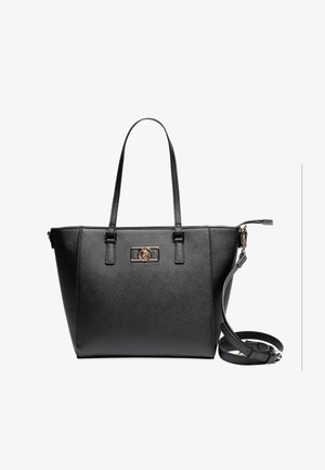 Sac à main noir en matériau synthétique texturé, avec des poignées courtes et longues, un fermoir en métal doré et une forme rectangulaire.